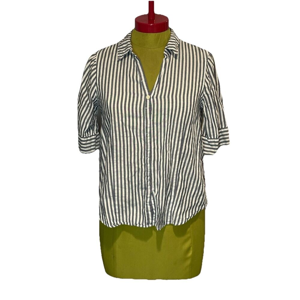 J Crew 3/4 V-Neck Charcoal And White Striped Button Up Top XS 100% Cotton
